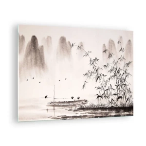Quadro em vidro - Uma cena minimalista com bambu e um barco em um lago. - 70x50cm - O silêncio dos campos de arroz - Decoração de parede moderna para a sala de estar e quarto ARTTOR