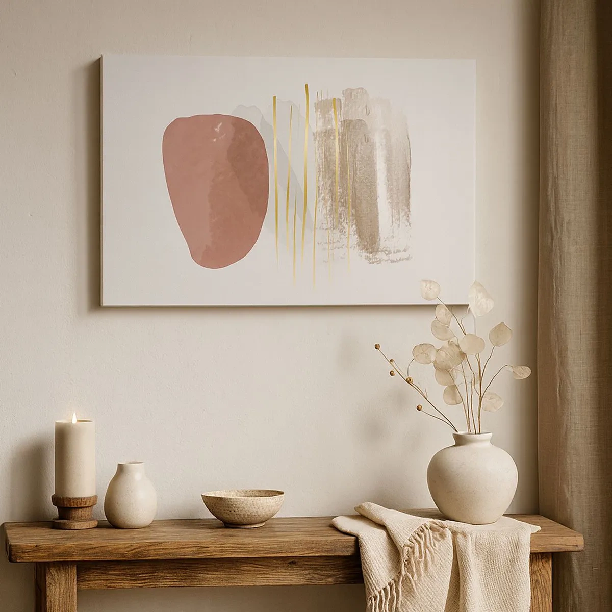 Quadro em tela - Composição abstrata em tons de bege e dourado - 70x50cm - Colunata abstrata - Decoração de parede moderna para a sala de estar e quarto ARTTOR