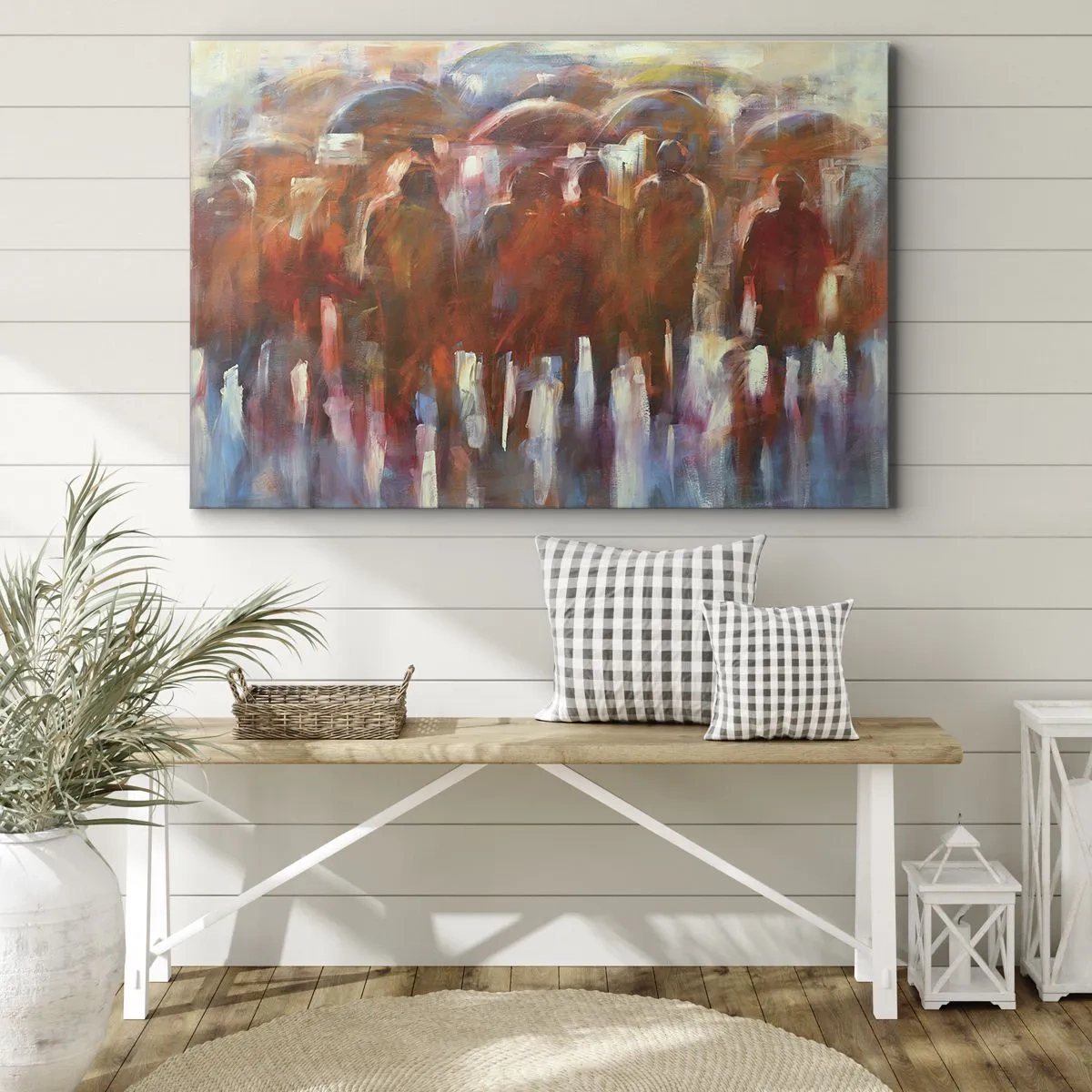 Quadro em tela - Uma multidão de pessoas com guarda-chuvas em um ambiente artístico e chuvoso - 70x50cm - Iguais na chuva e no nevoeiro - Decoração de parede moderna para a sala de estar e quarto ARTTOR
