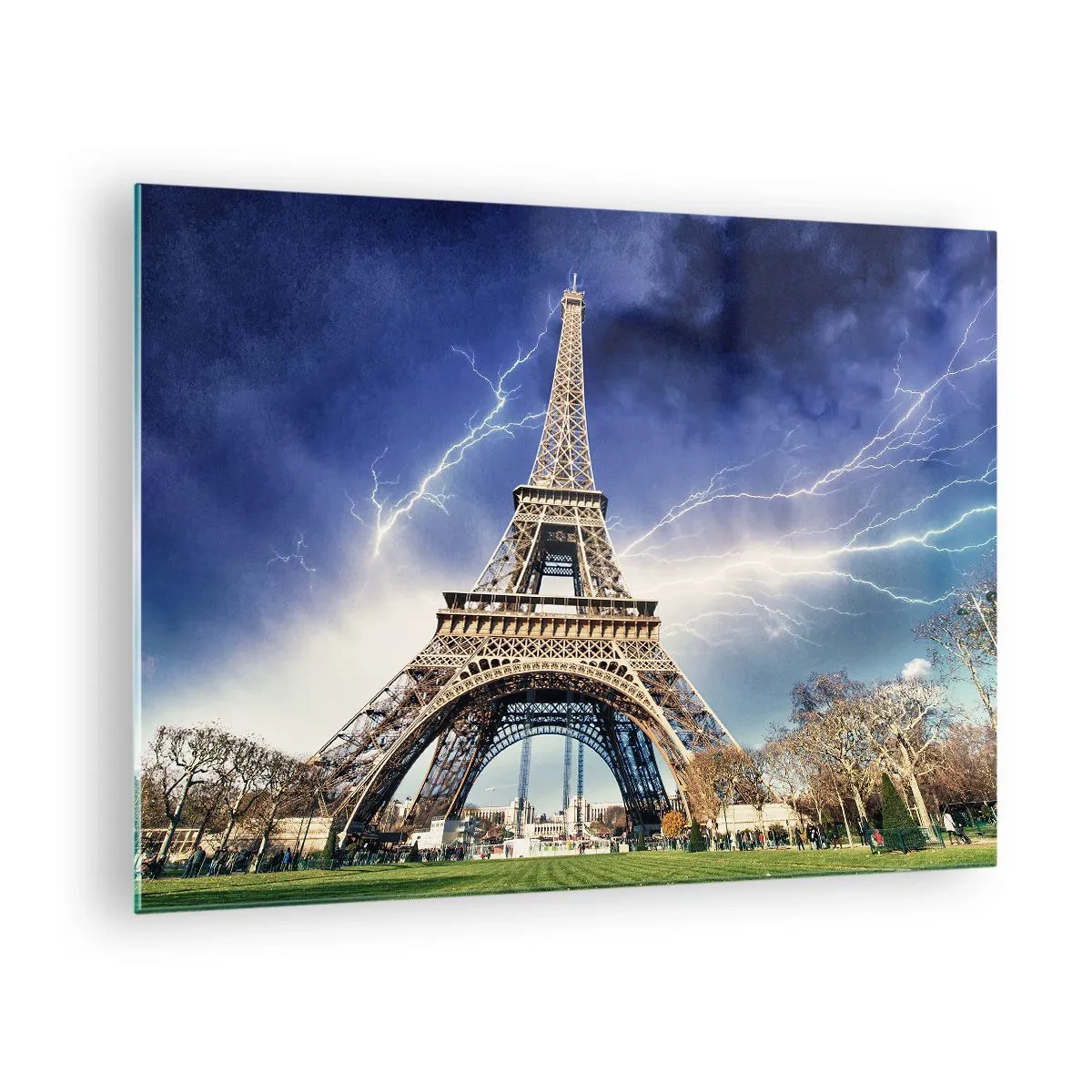 Quadro em vidro - A Torre Eiffel cercada por raios em um dia nublado - 70x50cm - Senhora das Tempestades - Decoração de parede moderna para a sala de estar e quarto ARTTOR
