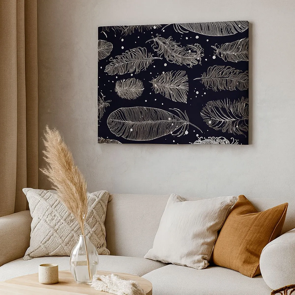 Quadro em tela - Penas brancas delicadas sobre fundo azul marinho - 70x50cm - Rendas de penas - Decoração de parede moderna para a sala de estar e quarto ARTTOR