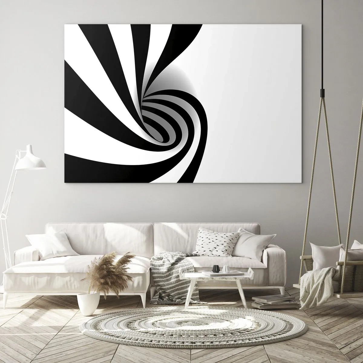 Quadro em vidro - Espiral abstrata em preto e branco com formato dinâmico - 70x50cm - No entanto, gira - Decoração de parede moderna para a sala de estar e quarto ARTTOR