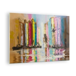 Quadro em vidro - Uma mulher com um pássaro no fundo de edifícios coloridos - 70x50cm - Segue-me - Decoração de parede moderna para a sala de estar e quarto ARTTOR