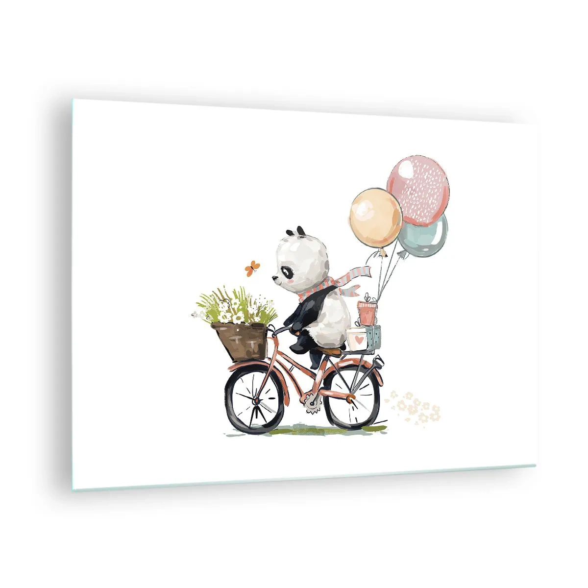 Quadro em vidro - Um panda andando de bicicleta com balões e uma cesta de flores. - 70x50cm - Dia feliz - Decoração de parede moderna para a sala de estar e quarto ARTTOR