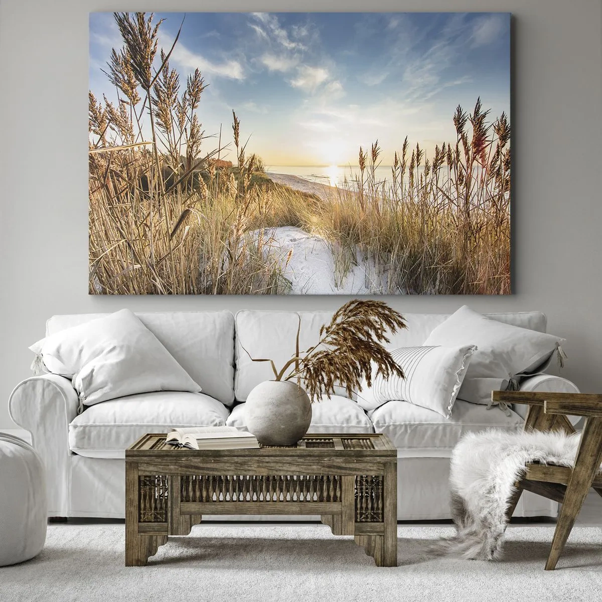 Quadro em tela - Uma praia pitoresca com grama e o pôr do sol - 70x50cm - Praia do Norte - Decoração de parede moderna para a sala de estar e quarto ARTTOR