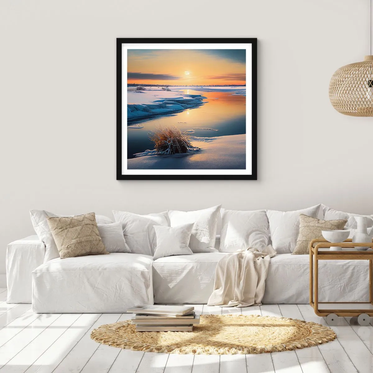 Pôster com moldura preta - Pôr do sol de inverno - 60x60 cm