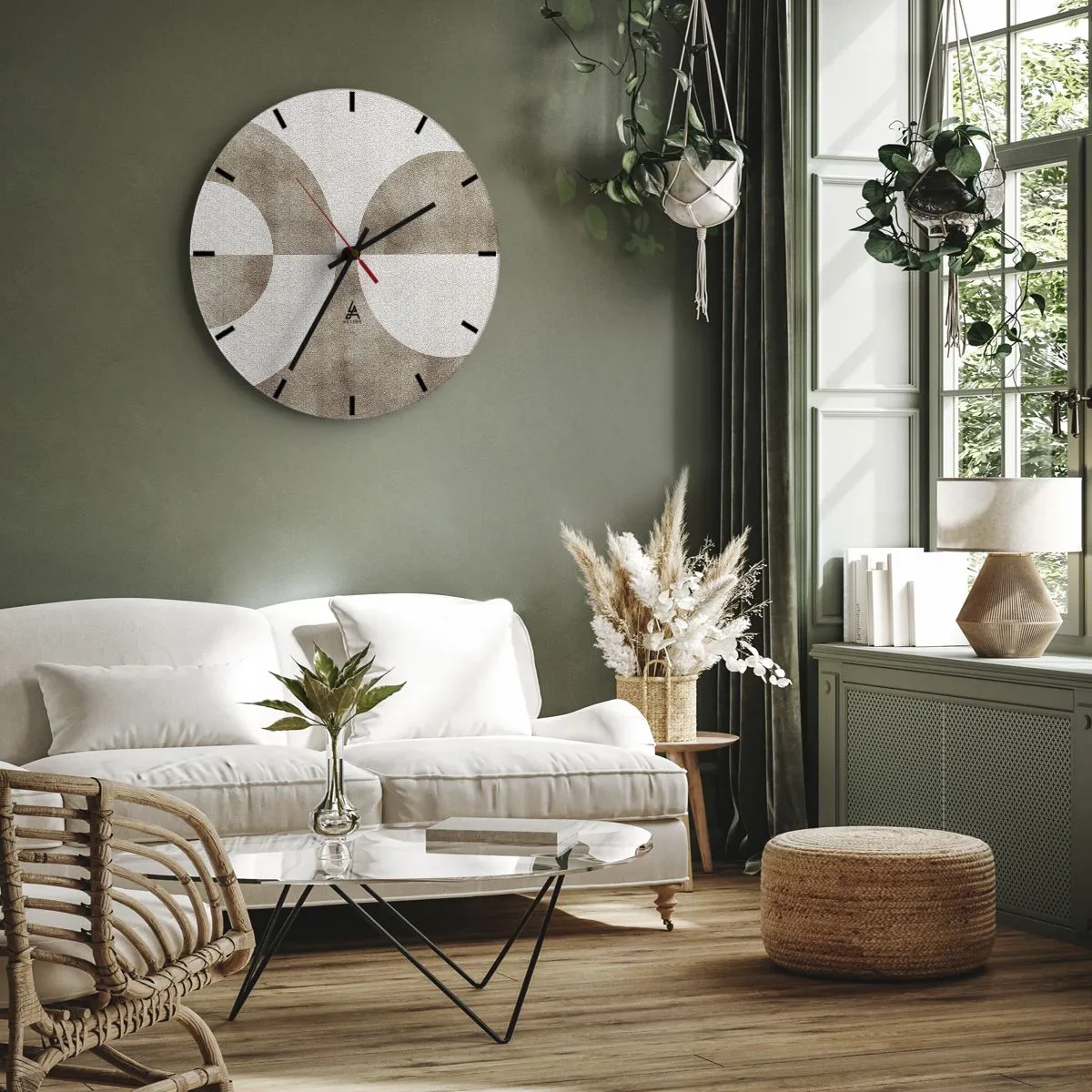 Relógio de parede - Relógio em vidro - Padrão geométrico com semicírculos em tons de bege - 30x30cm - Semelhanças e diferenças - Decoração de parede moderna para a sala de estar, cozinha e quarto ARTTOR