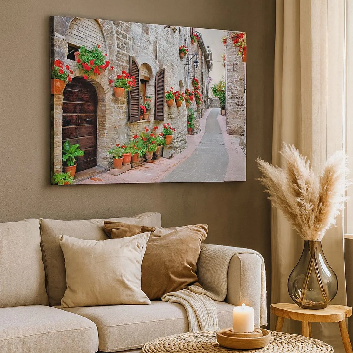 Quadro em tela - Uma rua estreita com edifícios de pedra decorados com vasos de flores - 70x50cm - Vibrações italianas - Decoração de parede moderna para a sala de estar e quarto ARTTOR