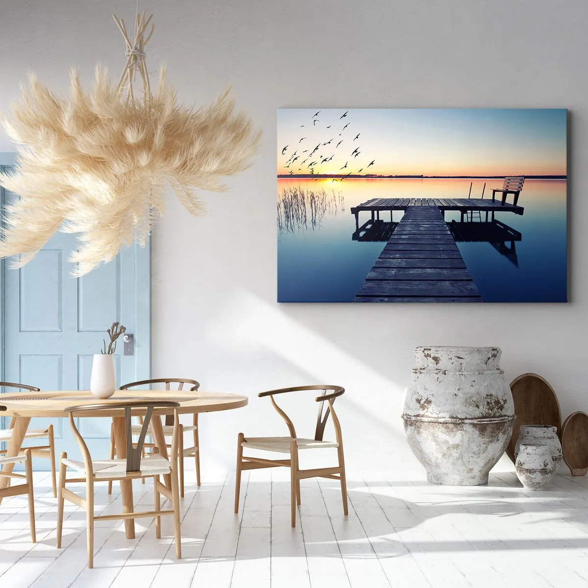 Quadro em tela - Píer de madeira em um lago ao nascer do sol com pássaros - 70x50cm - Foi um bom dia - Decoração de parede moderna para a sala de estar e quarto ARTTOR