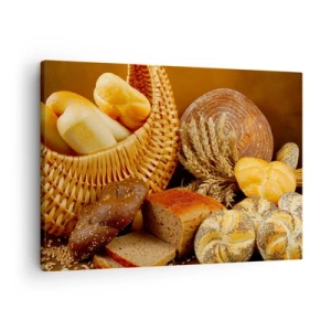 Quadro em tela - Vários pães em uma cesta de vime sobre fundo dourado - 70x50cm - Safamo-nos novamente - Decoração de parede moderna para a sala de estar e quarto ARTTOR
