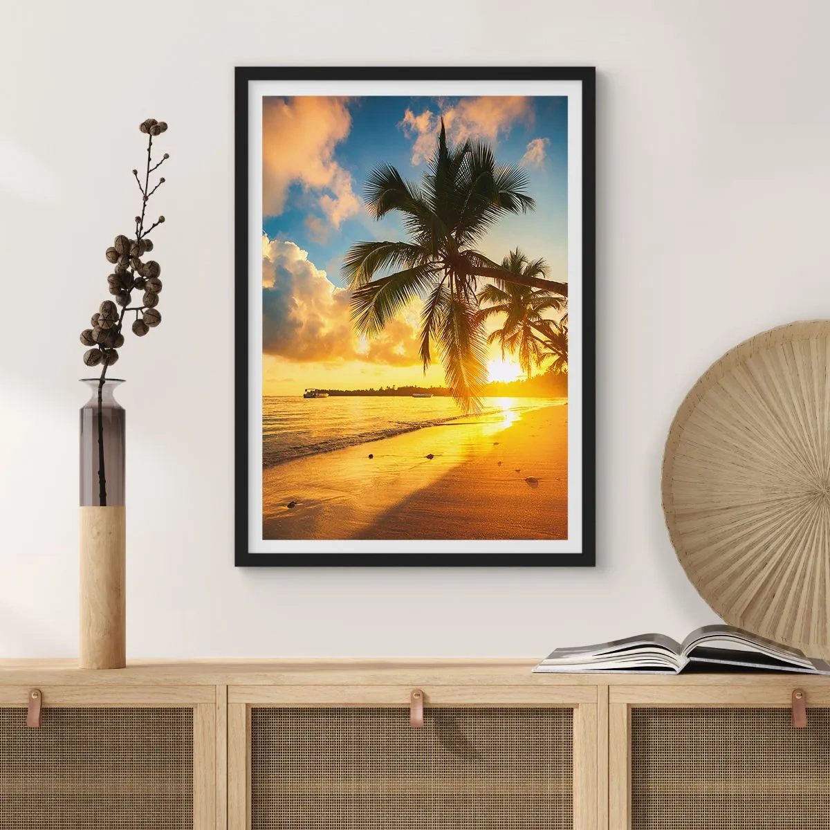 Pôster com moldura preta - Praia tropical ao pôr do sol com palmeiras - 50x70cm - Um sonho caribenho - Decoração de parede moderna para a sala de estar e quarto ARTTOR