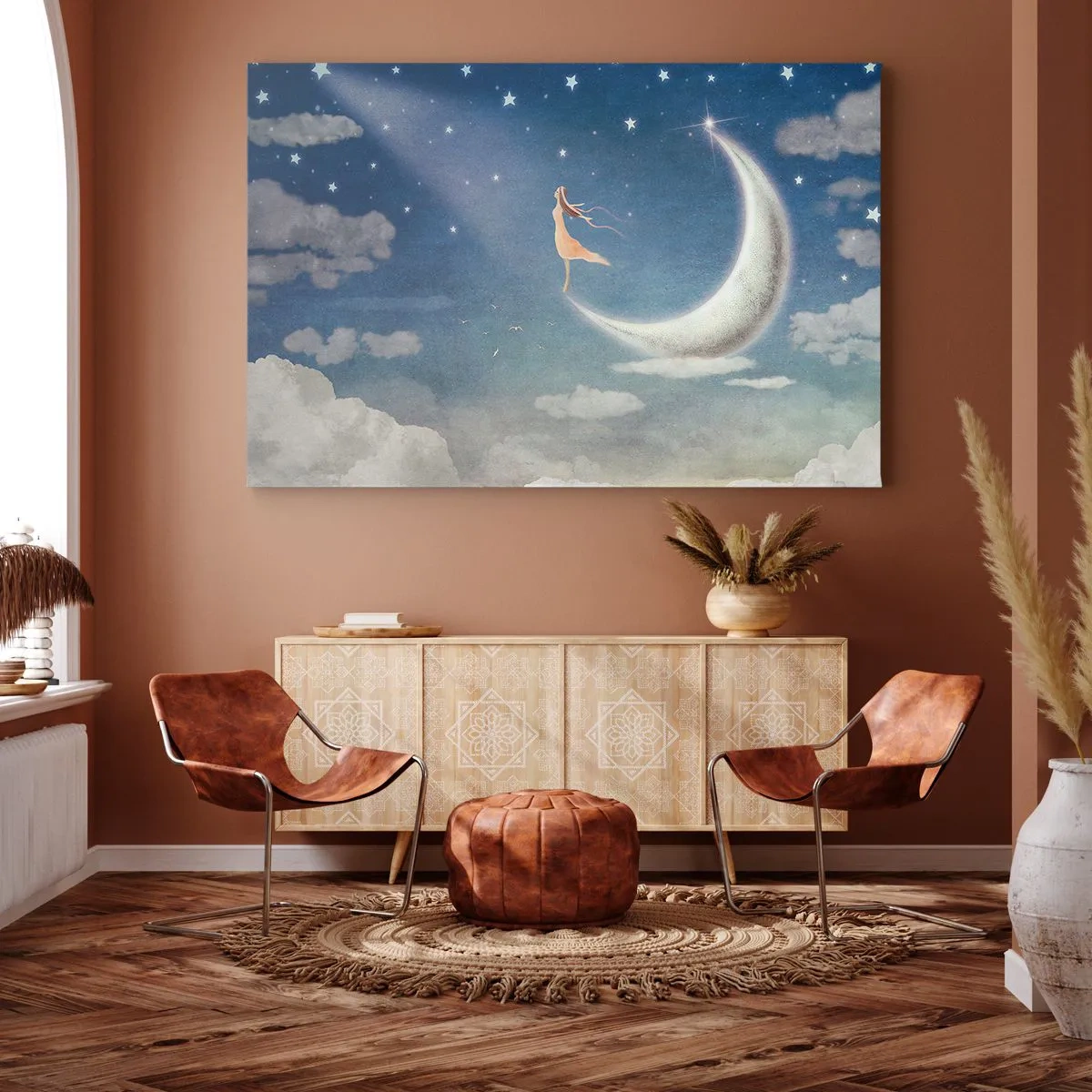 Quadro em tela - Uma mulher na lua cercada por estrelas e nuvens - 70x50cm - O encanto azul - Decoração de parede moderna para a sala de estar e quarto ARTTOR
