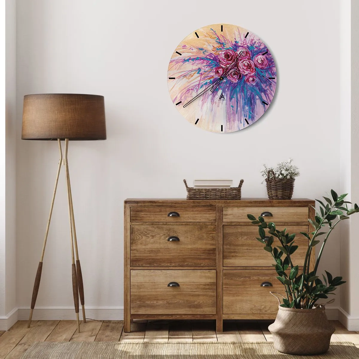 Relógio de parede - Relógio em vidro - Buquê de rosas abstrato em estilo artístico - 30x30cm - Fonte de rosas - Decoração de parede moderna para a sala de estar, cozinha e quarto ARTTOR