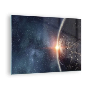 Quadro em vidro - Terra iluminada pelos raios solares no espaço - 70x50cm - Numa nova perspetiva - Decoração de parede moderna para a sala de estar e quarto ARTTOR