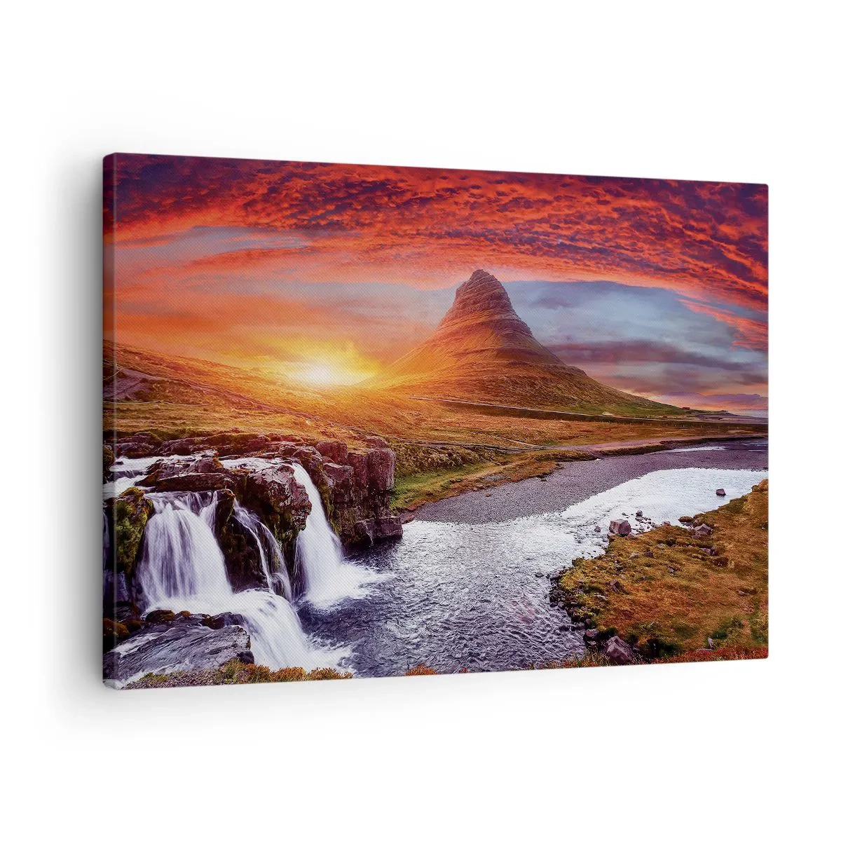 Quadro em tela - Paisagem montanhosa com cachoeira ao pôr do sol - 70x50cm - A vista da Terra Média - Decoração de parede moderna para a sala de estar e quarto ARTTOR