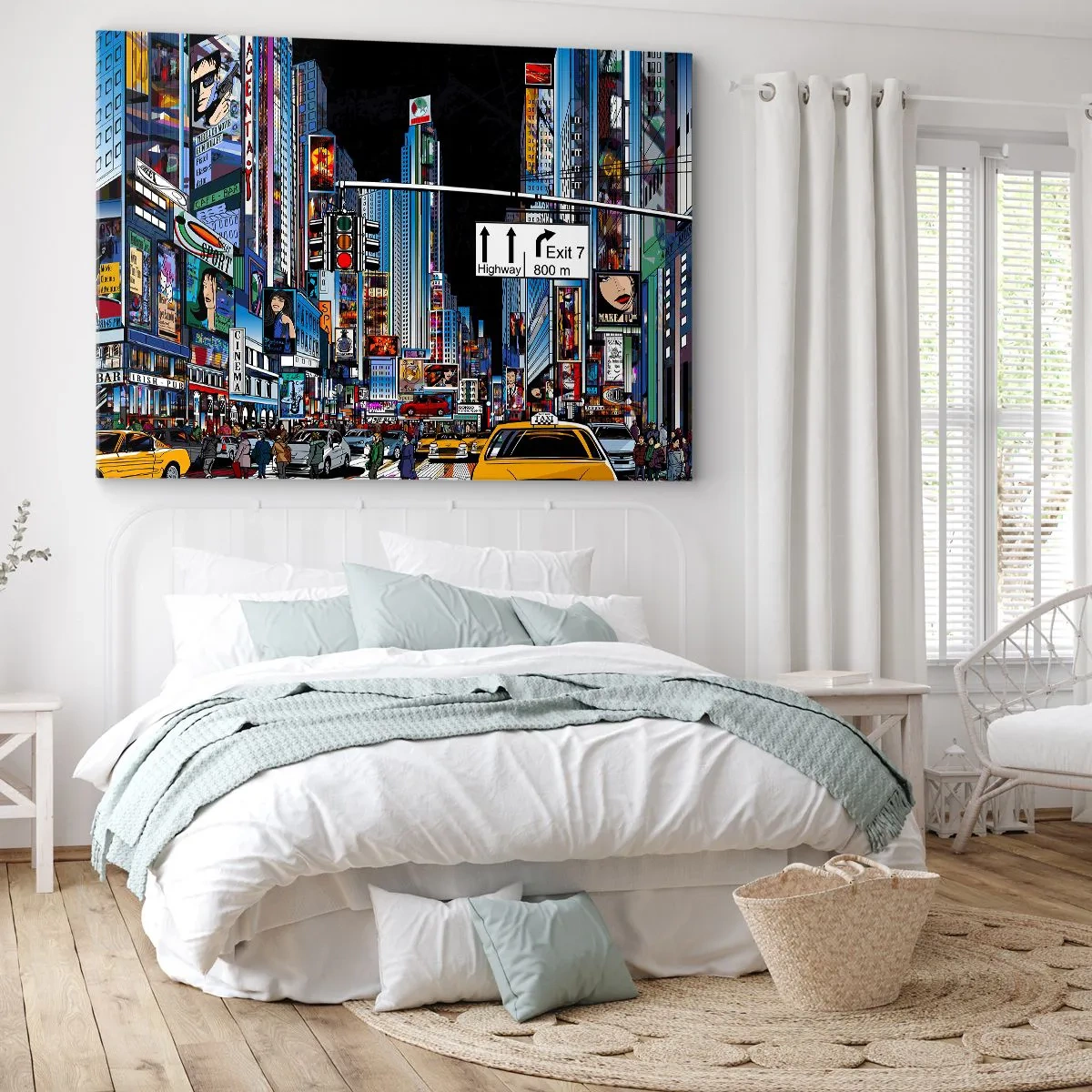 Quadro em tela - Uma cidade movimentada com anúncios coloridos e táxis amarelos - 70x50cm - Grande Noite em Cartoon - Decoração de parede moderna para a sala de estar e quarto ARTTOR