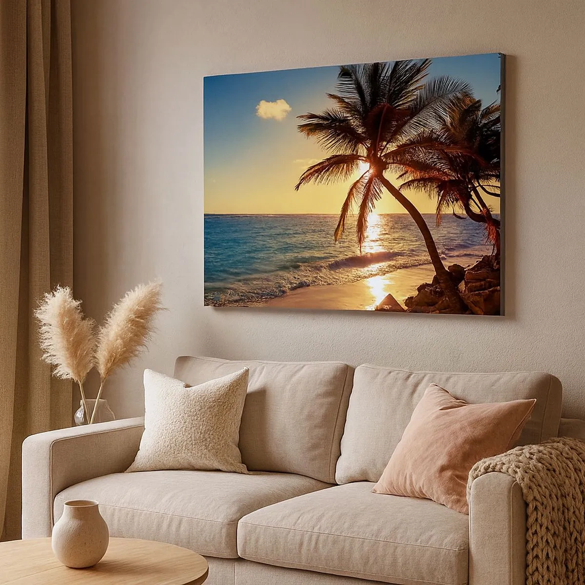 Quadro em tela - Pôr do sol tropical sobre uma praia com palmeiras - 70x50cm - Verão sob as palmeiras - Decoração de parede moderna para a sala de estar e quarto ARTTOR