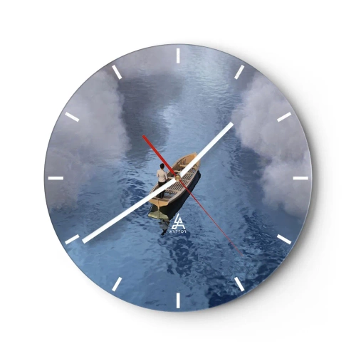 Relógio de parede - Relógio em vidro - Uma figura em um barco flutuando em águas calmas entre as nuvens - 30x30cm - Vida – jornada – desconhecido - Decoração de parede moderna para a sala de estar, cozinha e quarto ARTTOR