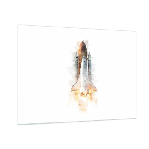 Quadro em vidro - Um ônibus espacial decolando em estilo aquarela sobre fundo branco. - 70x50cm - Exploradores para iniciantes - Decoração de parede moderna para a sala de estar e quarto ARTTOR