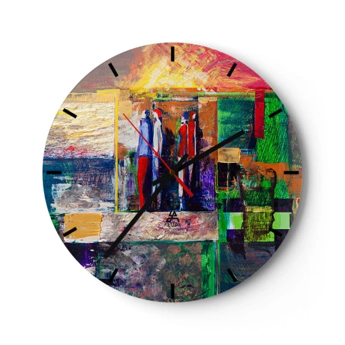 Relógio de parede - Relógio em vidro - Uma pintura abstrata com figuras em cores intensas. - 30x30cm - Relacionamentos e emoções - Decoração de parede moderna para a sala de estar, cozinha e quarto ARTTOR