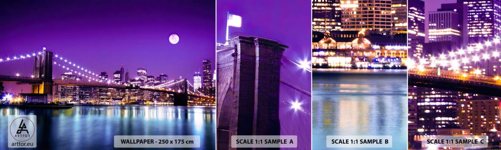 Amostra de Papel de Parede Standard Eco - Luzes de uma grande cidade em roxo - Cidade, Nova Iorque, Ponte do Brooklyn - 100x30 cm