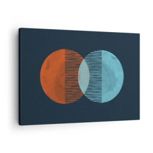 Quadro em tela - Dois círculos laranja e azuis em um fundo escuro - 70x50cm - Fantasia astronómica - Decoração de parede moderna para a sala de estar e quarto ARTTOR