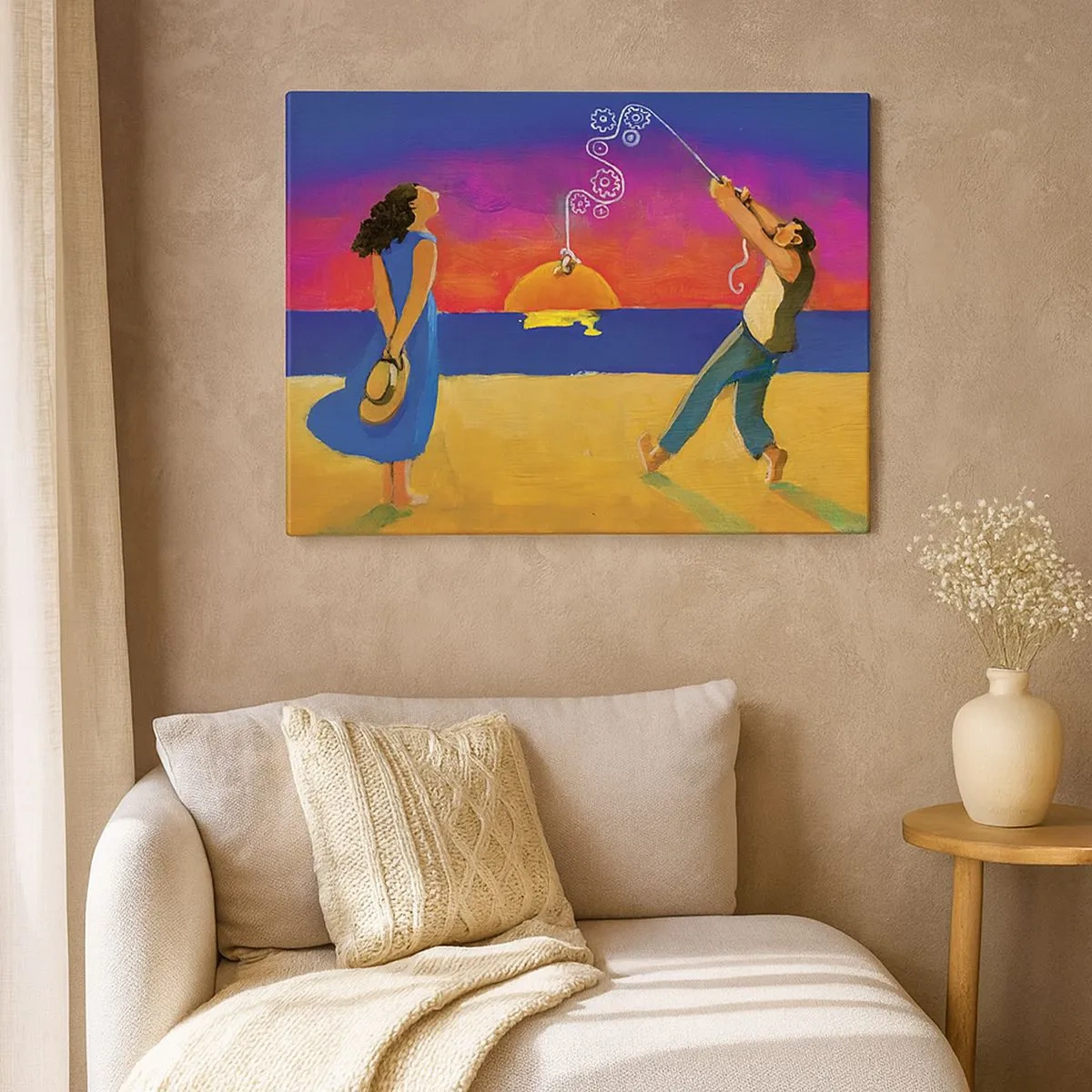 Quadro em tela - Figuras à beira-mar ao pôr do sol - 70x50cm - Mais do que uma estrela do céu - Decoração de parede moderna para a sala de estar e quarto ARTTOR