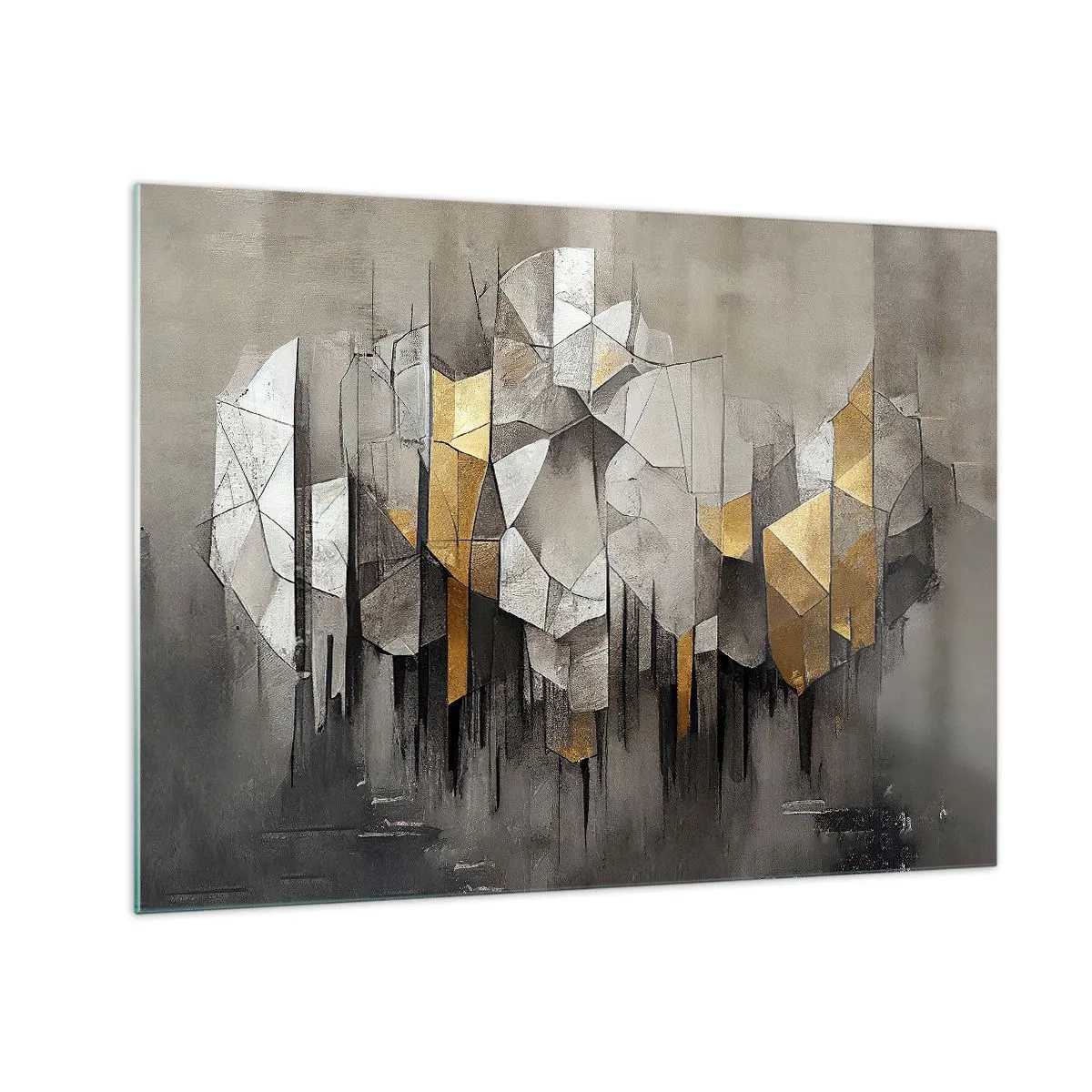 Quadro em vidro - Formas abstratas em tons de cinza, branco e dourado - 70x50cm - Composição de gelo e luz - Decoração de parede moderna para a sala de estar e quarto ARTTOR