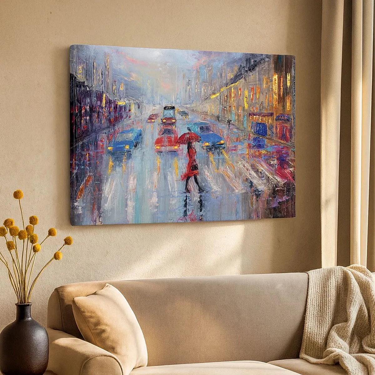 Quadro em tela - Uma mulher com um guarda-chuva em uma rua chuvosa sob luz neon. - 70x50cm - Tarde chuvosa na cidade - Decoração de parede moderna para a sala de estar e quarto ARTTOR