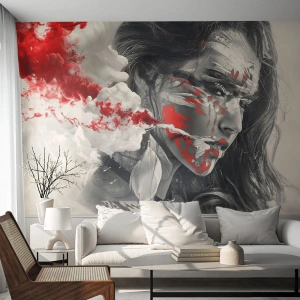 Papel de Parede Premium Sand - Nos fumos do absurdo - Abstração, Rosto de mulher, Retrato de uma mulher - 300x210 cm