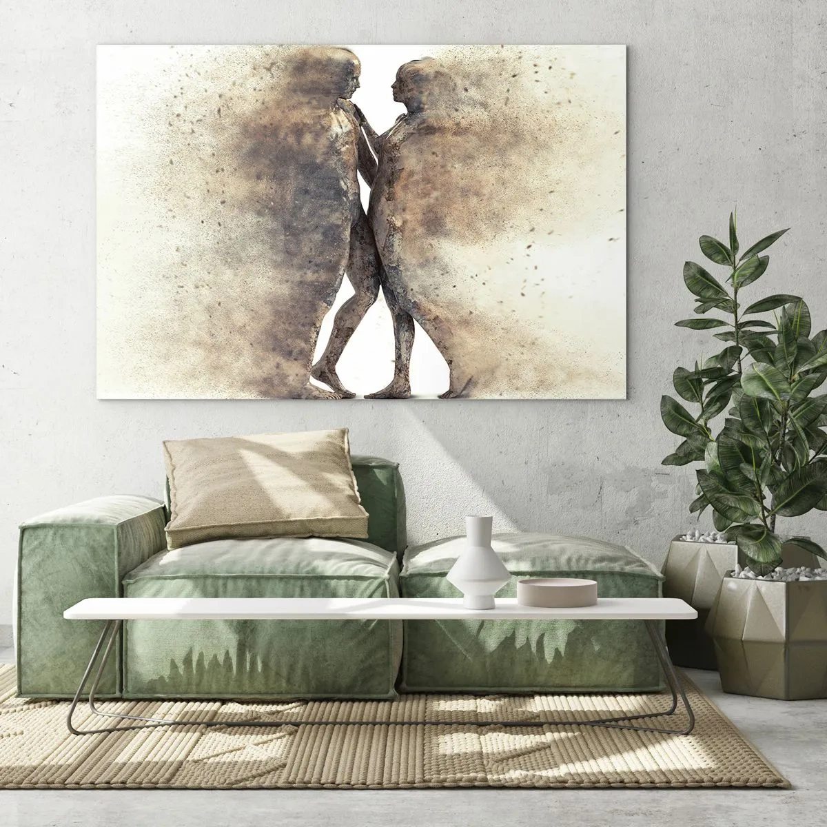 Quadro em vidro - Silhuetas abstratas de duas figuras em um estilo empoeirado - 70x50cm - Do pó vieram para amar - Decoração de parede moderna para a sala de estar e quarto ARTTOR