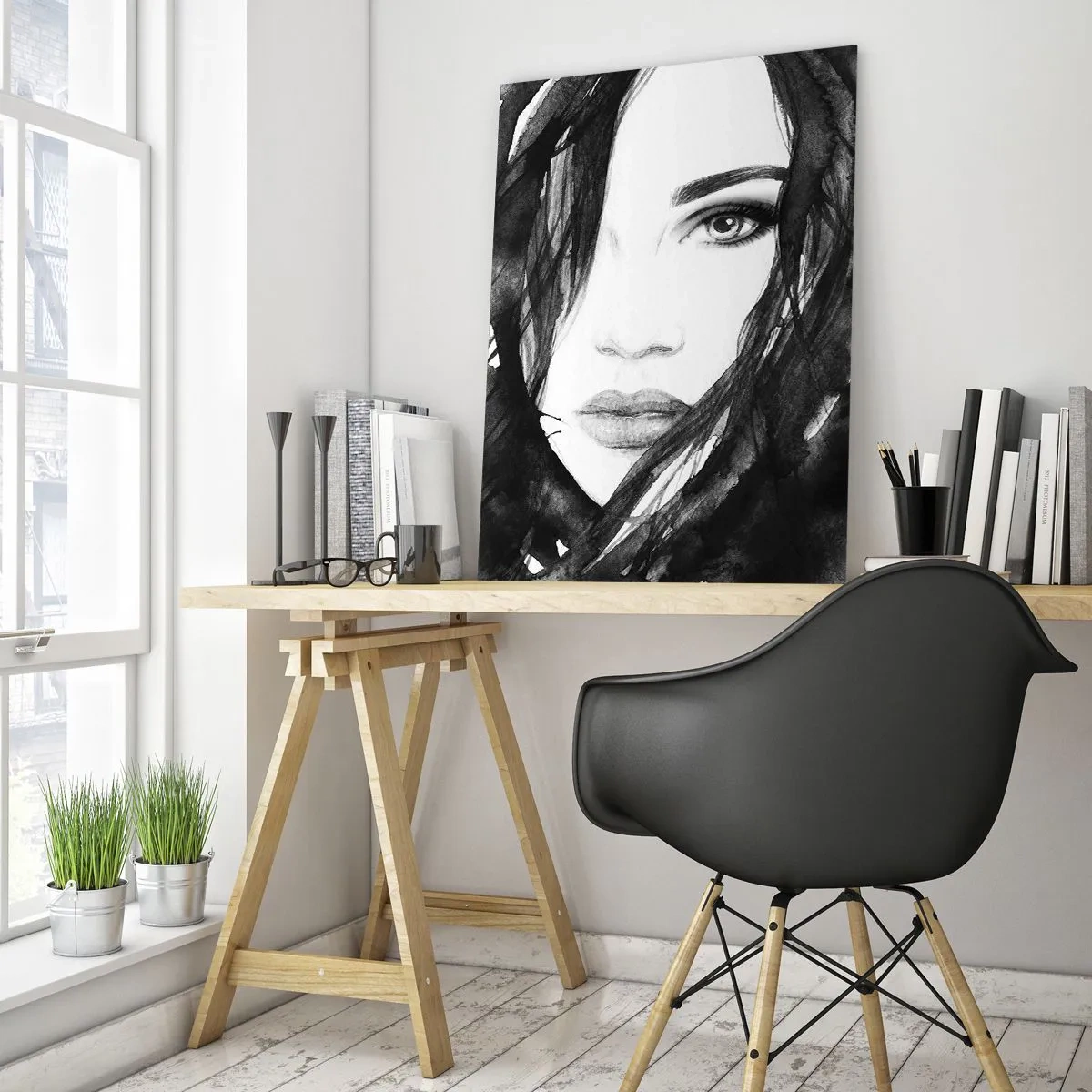 Quadro em vidro - Retrato de uma dama a preto e branco - 50x70 cm