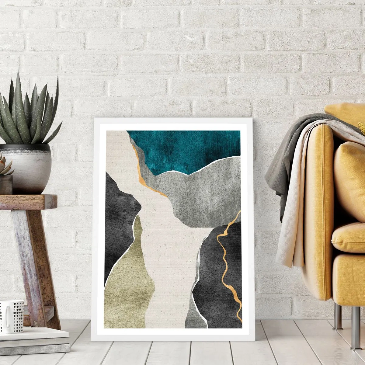 Pôster em moldura branca - Composição de mosaico com fio de ouro - 61x91 cm