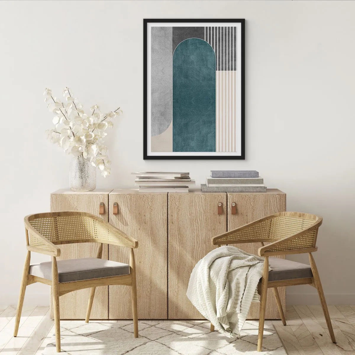 Pôster com moldura preta - Composição geométrica em tons de verde e cinza - 50x70cm - Composição ao nível - Decoração de parede moderna para a sala de estar e quarto ARTTOR