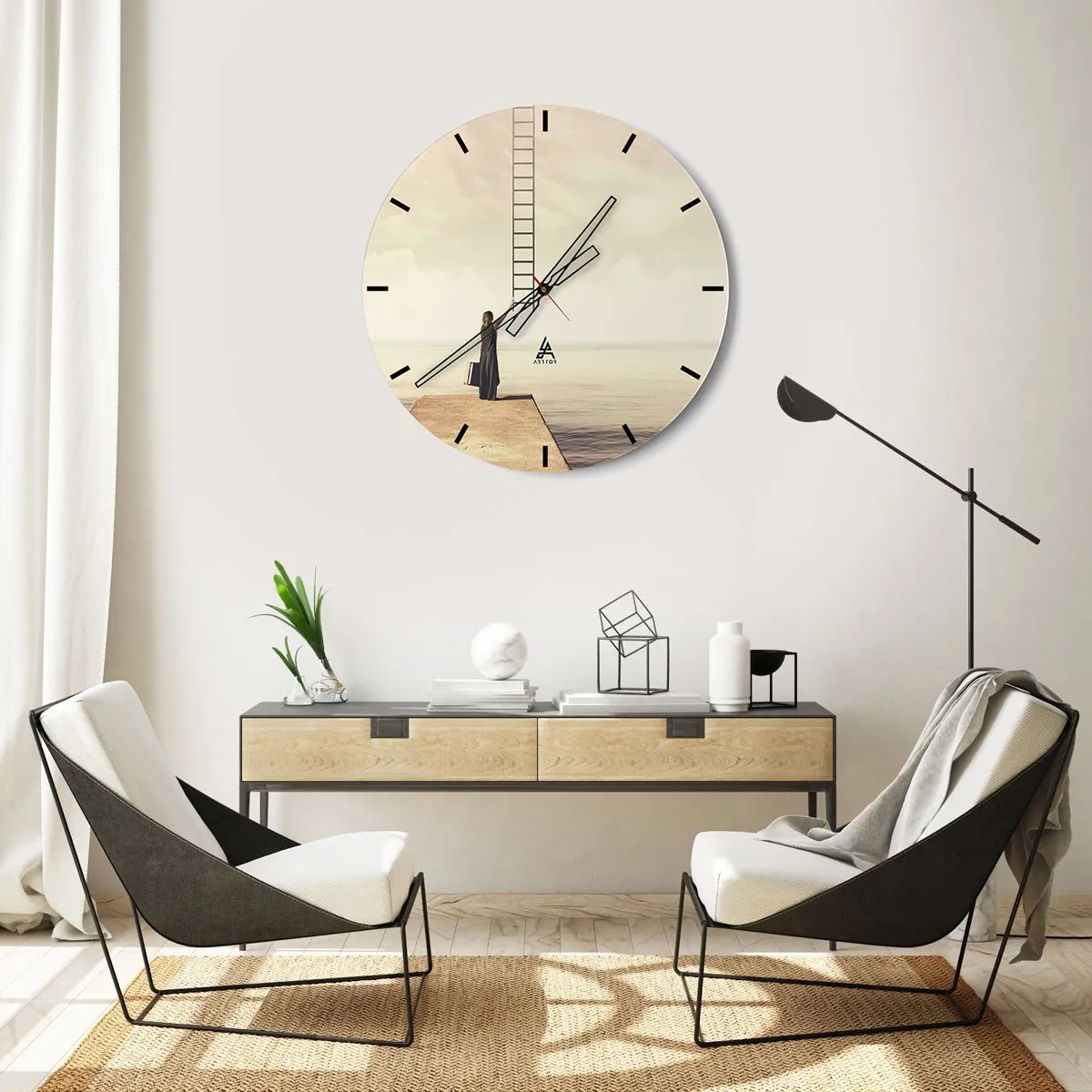 Relógio de parede - Relógio em vidro - Uma mulher em um píer apontando para uma escada que leva ao céu. - 30x30cm - Uma viagem mágica - Decoração de parede moderna para a sala de estar, cozinha e quarto ARTTOR