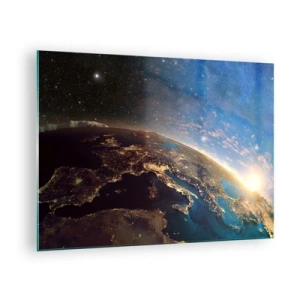 Quadro em vidro - Uma vista da Terra do espaço com o nascer do sol visível - 70x50cm - Vamos olhar para nós mesmos à distância - Decoração de parede moderna para a sala de estar e quarto ARTTOR