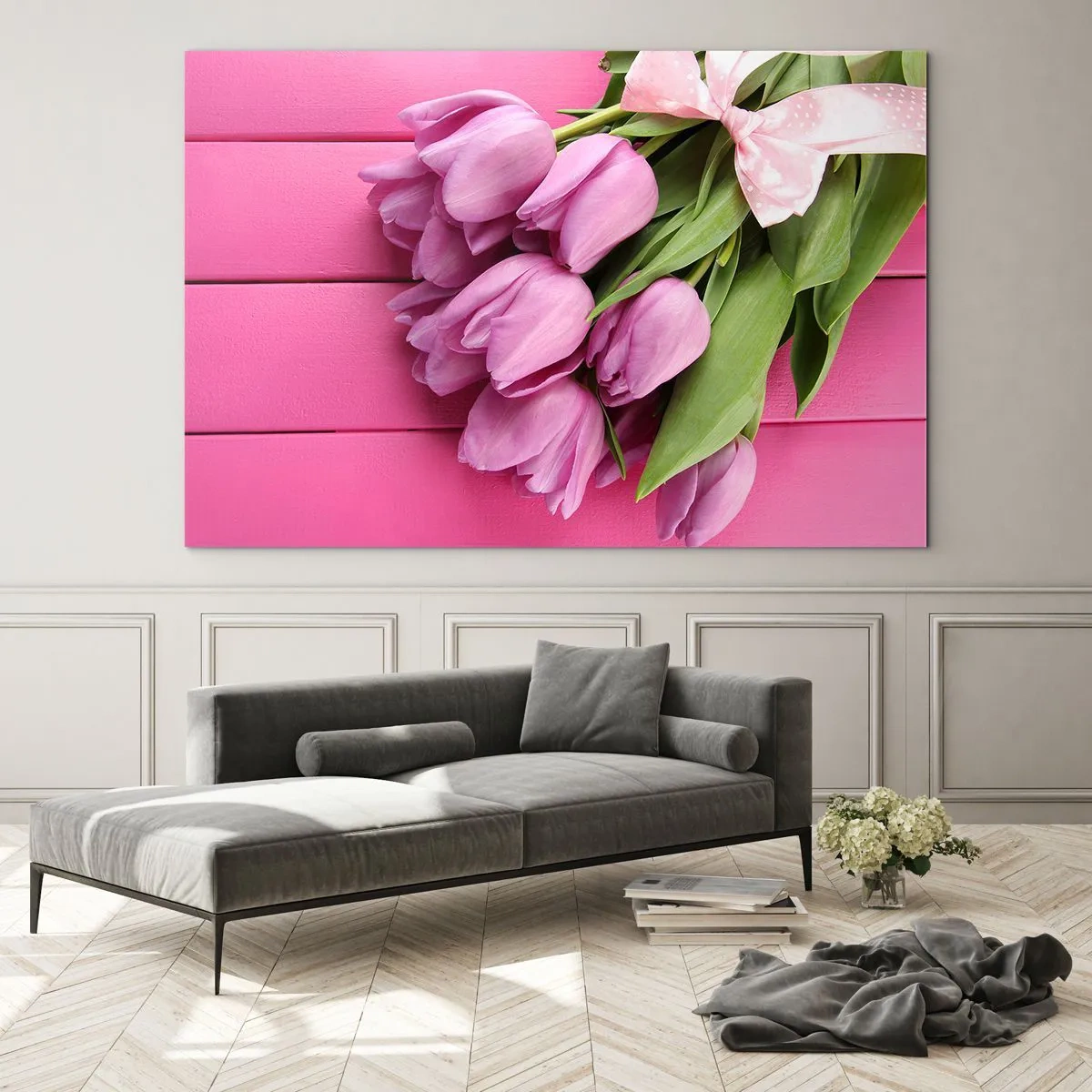 Quadro em vidro - Um buquê de tulipas rosa em um fundo de madeira - 70x50cm - Só para si - Decoração de parede moderna para a sala de estar e quarto ARTTOR