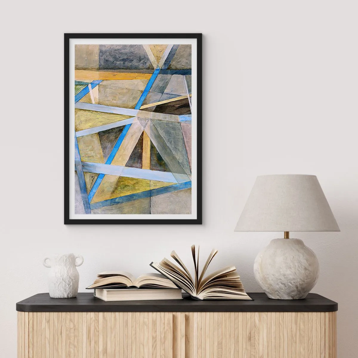 Pôster com moldura preta - Abstração geométrica com tons de azul e dourado - 50x70cm - Em linha reta ou na diagonal? - Decoração de parede moderna para a sala de estar e quarto ARTTOR