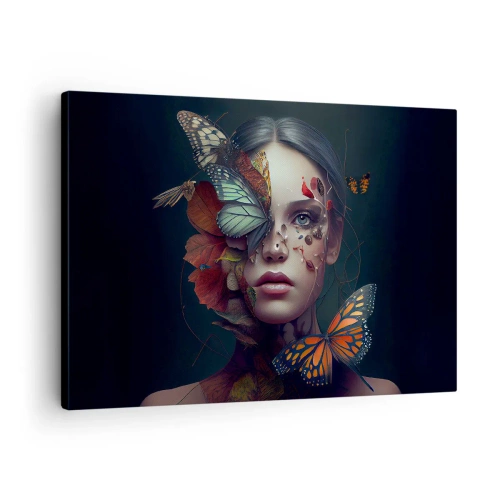 Quadro em tela - Retrato de uma mulher com borboletas e elementos vegetais - 70x50cm - Uma metamorfose maravilhosa - Decoração de parede moderna para a sala de estar e quarto ARTTOR