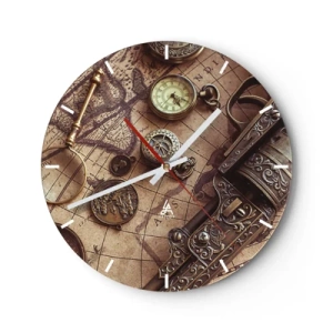 Relógio de parede - Relógio em vidro - Um mapa estilizado com bússola, moedas e armas ornamentadas. - 30x30cm - A aventura nos chama - Decoração de parede moderna para a sala de estar, cozinha e quarto ARTTOR