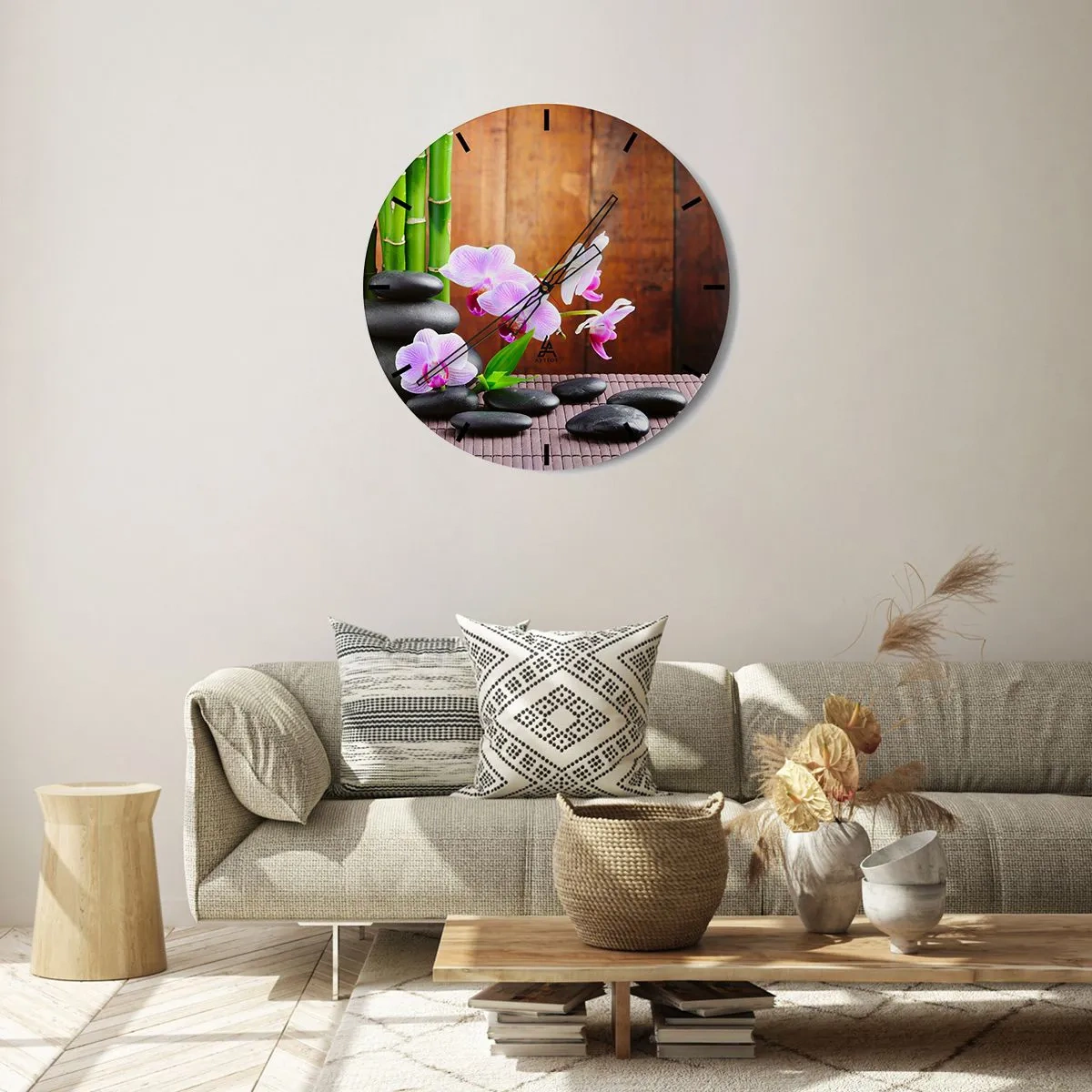 Relógio de parede - Relógio em vidro - Orquídeas roxas com bambu e pedras - 30x30cm - Experimente os prazeres do Oriente - Decoração de parede moderna para a sala de estar, cozinha e quarto ARTTOR