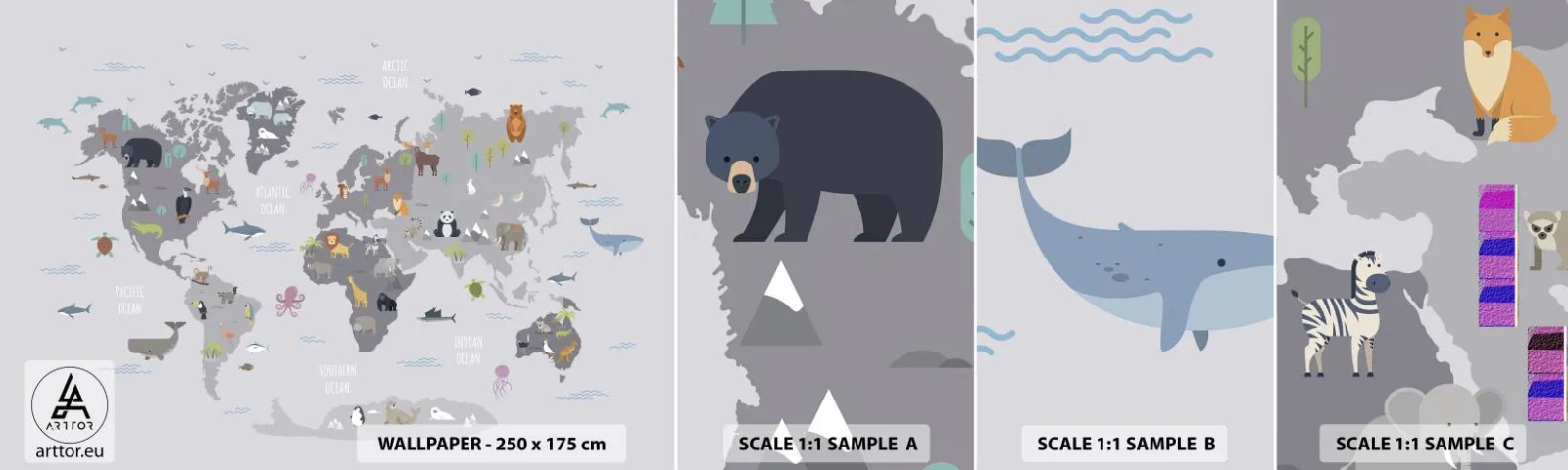 Amostra de papel de parede autocolante Deluxe Sticker - Diga-me de onde é... - Mapa mundial, Animais, Continentes - 100x30 cm