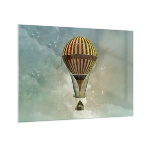 Quadro em vidro - Um balão estilizado contra o fundo de um céu estrelado e nuvens. - 70x50cm - Voos pioneiros - Decoração de parede moderna para a sala de estar e quarto ARTTOR
