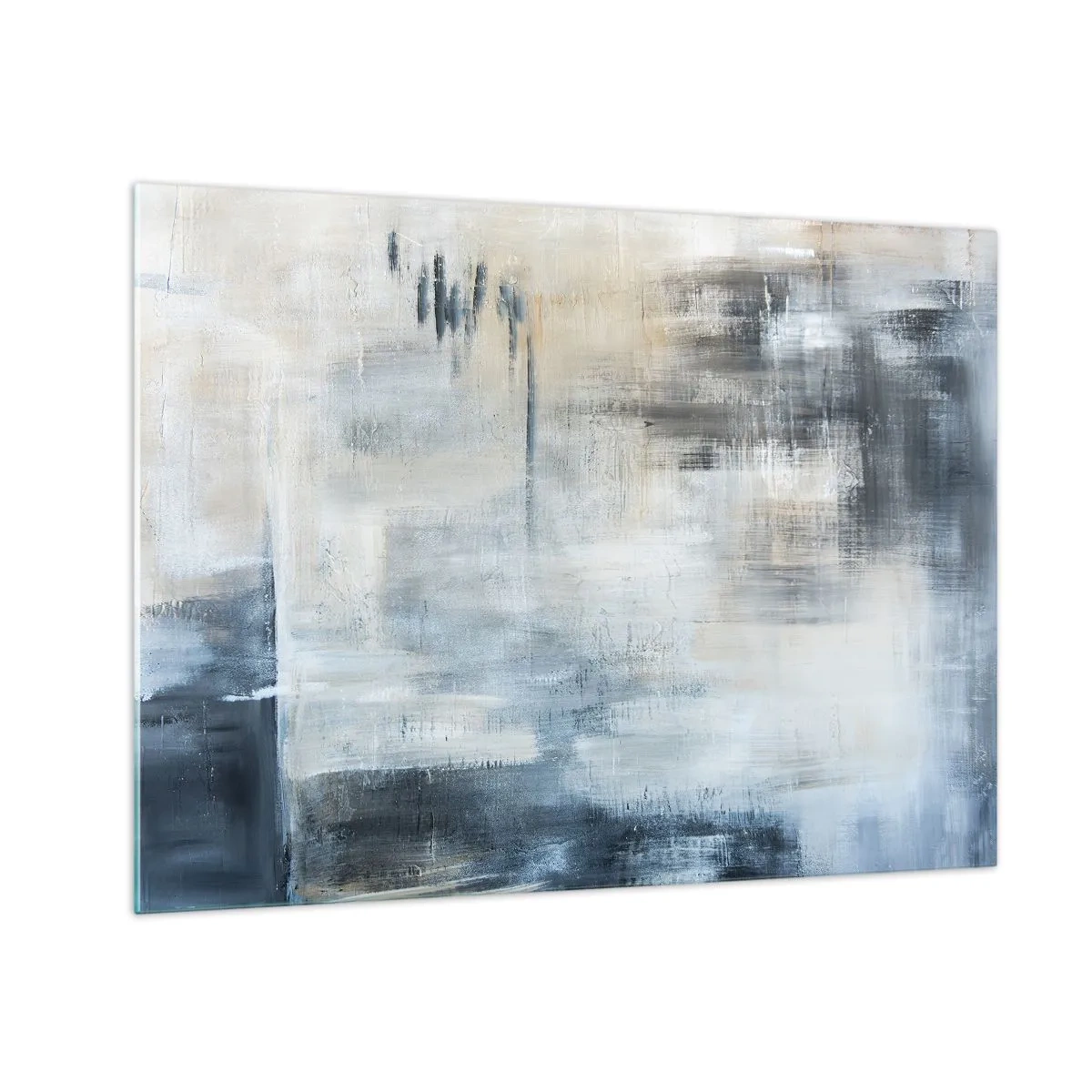Quadro em vidro - Composição abstrata em tons de azul e cinza - 70x50cm - Atrás da cortina azul - Decoração de parede moderna para a sala de estar e quarto ARTTOR