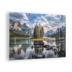 Quadro em vidro - Um lago pitoresco com uma ilha e montanhas ao fundo - 70x50cm - Por águas grandes e límpidas… - Decoração de parede moderna para a sala de estar e quarto ARTTOR