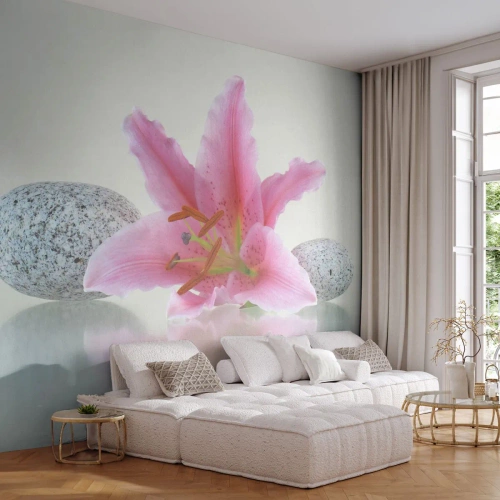 Papel de Parede Standard Eco - Estudo em rosa, cinza e branco - Flores, Lírio, Pedras - 150x105 cm