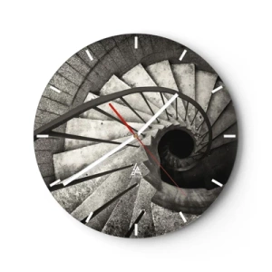 Relógio de parede - Relógio em vidro - Escada em espiral preta e branca com vista para baixo e disposição geométrica dos degraus - 30x30cm - Suba as escadas, desça as escadas - Decoração de parede moderna para a sala de estar, cozinha e quarto ARTTOR