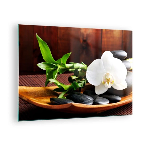 Quadro em vidro - Orquídea branca sobre pedras pretas e bambu em uma tigela de madeira - 70x50cm - Renda-se ao toque da natureza - Decoração de parede moderna para a sala de estar e quarto ARTTOR