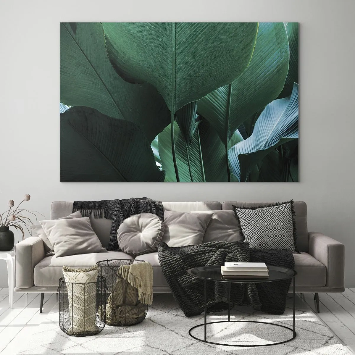 Quadro em vidro - Folhas tropicais em tons intensos de verde - 70x50cm - De frente para a luz - Decoração de parede moderna para a sala de estar e quarto ARTTOR