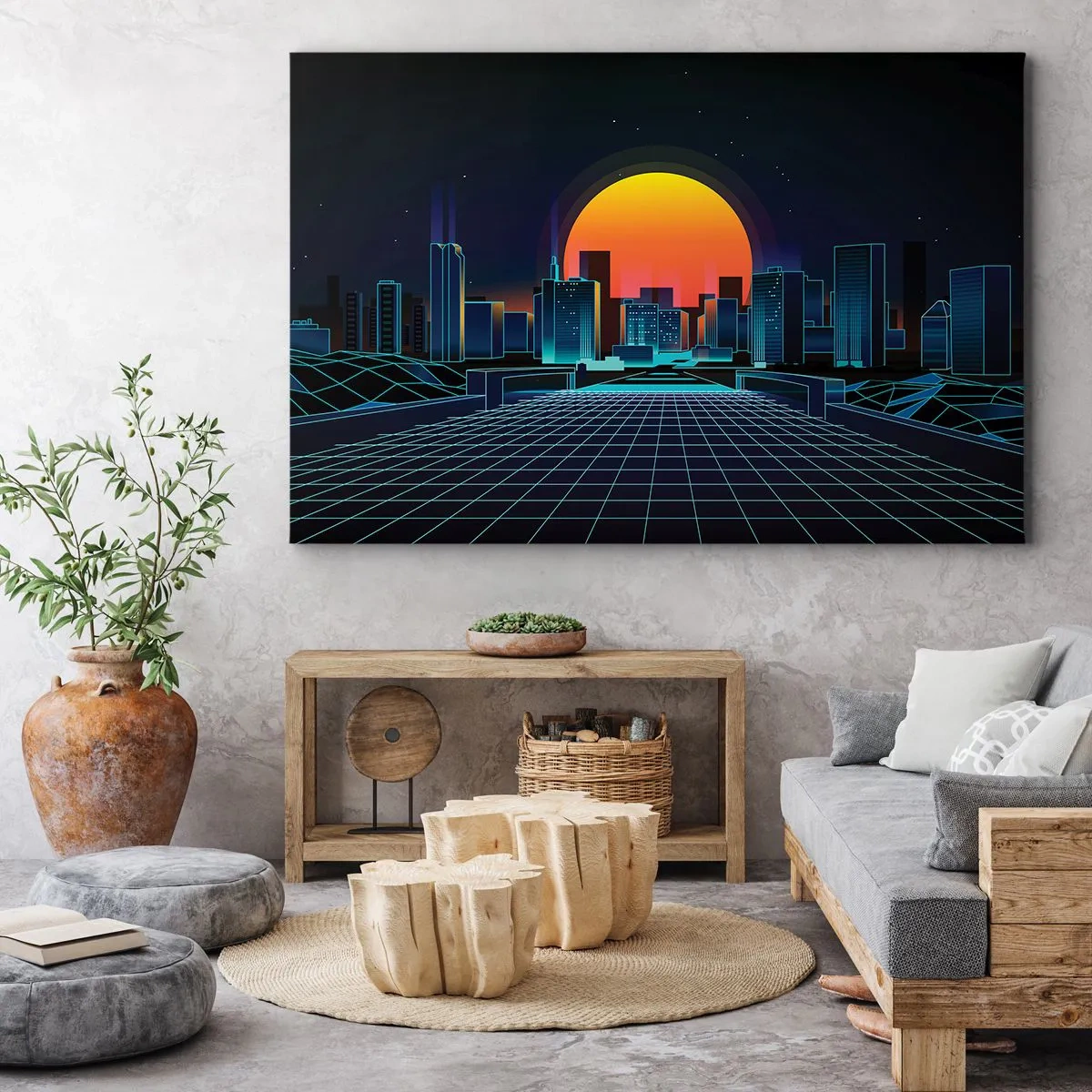Quadro em tela - Horizonte urbano futurista em estilo neon - 70x50cm - Ainda quer ir para o mundo real? - Decoração de parede moderna para a sala de estar e quarto ARTTOR